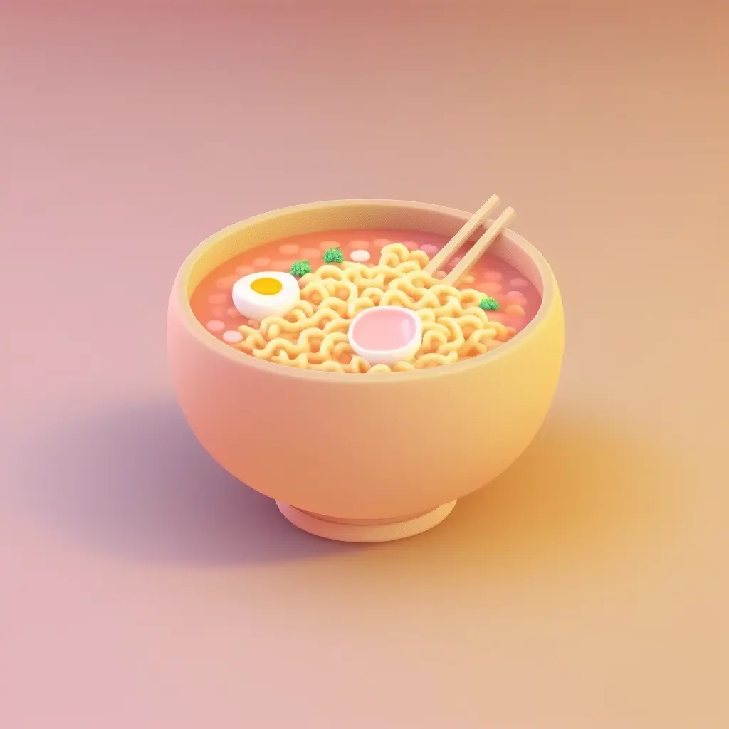 Tiny cute isometric bowl of ramen emoji, soft lighting, soft pastel colors, 3d icon clay render, blender 3d, pastel background